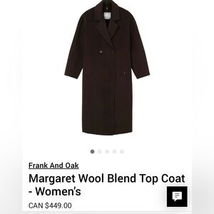 Frank & Oak Wool Coat. Rich chocolate brown colour. Size x-small. NWT.